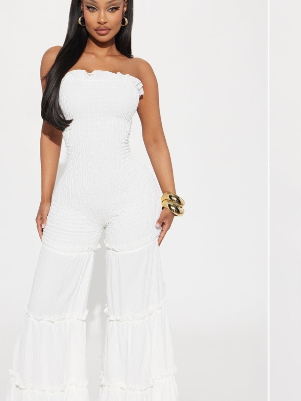 Fashion Nova White Strapless Smocked Tiered Wide-Leg Jumpsuit